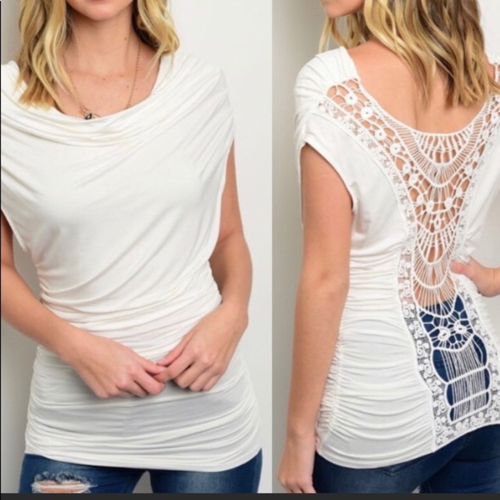 🆕🇺🇸 Ivory Cowl Neck Crochet Short-Sleeve Top